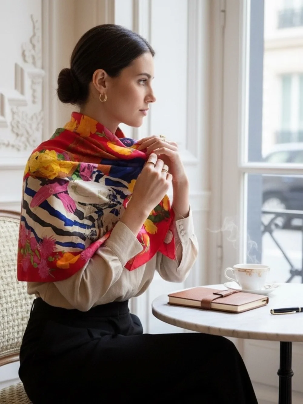 Gucci Red Silk Floral Scarf with Pink and Green Accents
